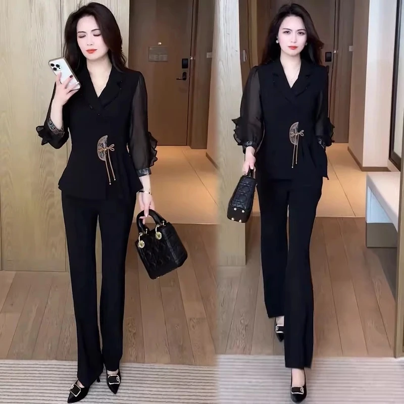 新中式国风套装2025女春季新款气质收腰盘扣上衣直筒阔腿裤两件套