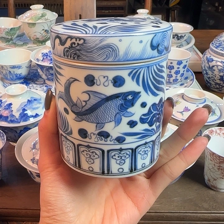 名窑口 鱼藻茶叶罐放漏放漏