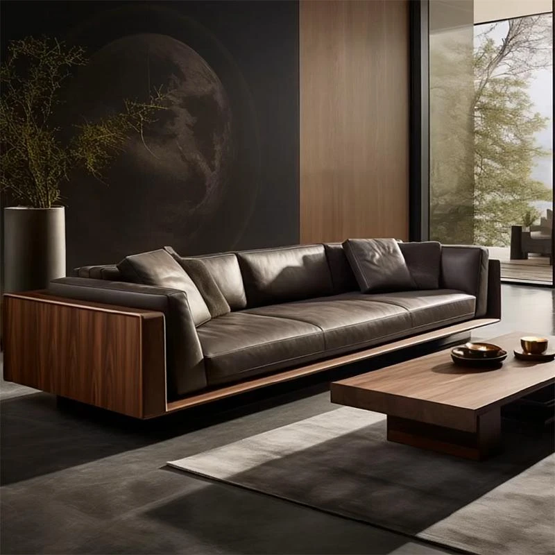 新中式北美黑胡桃木沙发现代简约高端客厅真皮直排三人位沙发定制