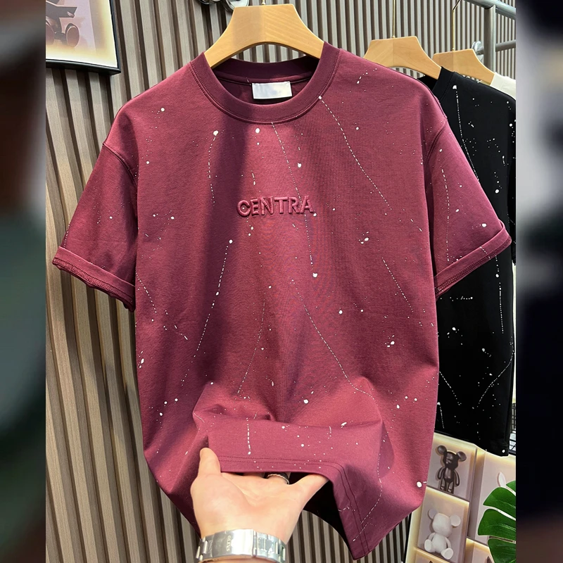 美式潮牌泼墨刺绣短袖T恤男士2025夏季新款潮流休闲圆领半袖上衣