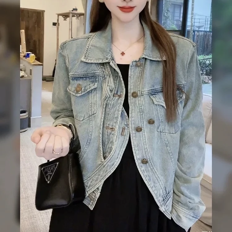 369 韩版不规则设计款时尚复古浅蓝宽松牛仔外套（ZJ01）