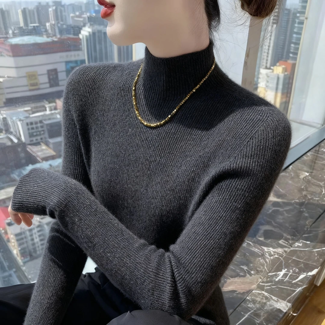 秋冬季套头款长袖立领毛针织衫不起球洋气修身半高领保暖打底衫女