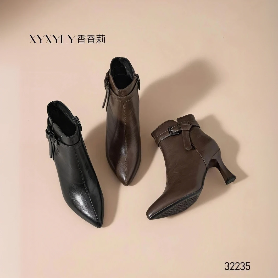 女鞋冬季新款加绒细跟中跟短靴女靴侧拉链时装靴