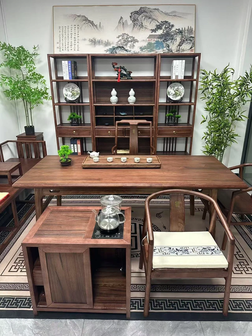 胡桃木实木大板新中式茶桌椅家用办公室书房泡茶桌简约禅意款