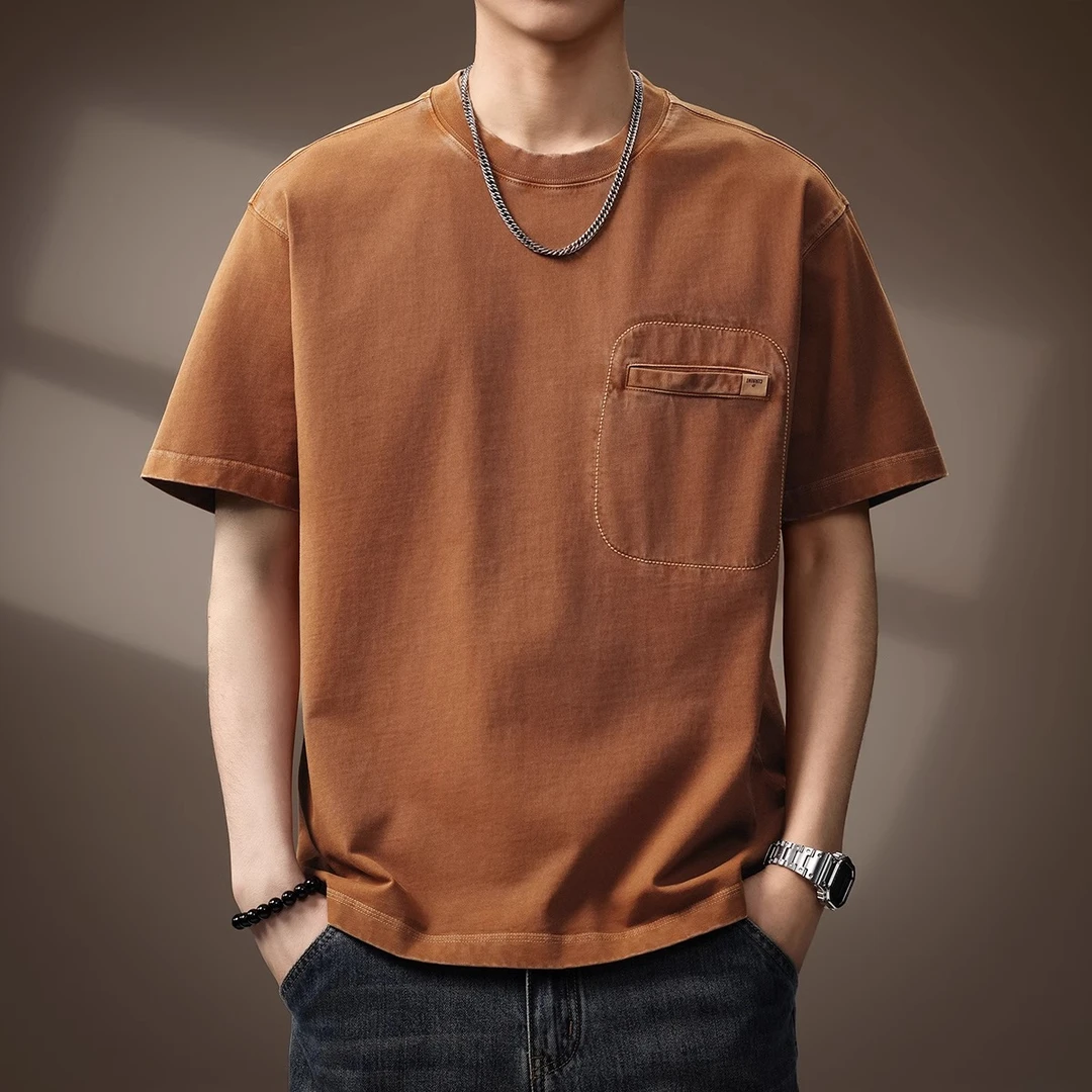 Leekody高端日系复古简约短袖T恤男夏季新款宽松圆领纯色半袖体恤