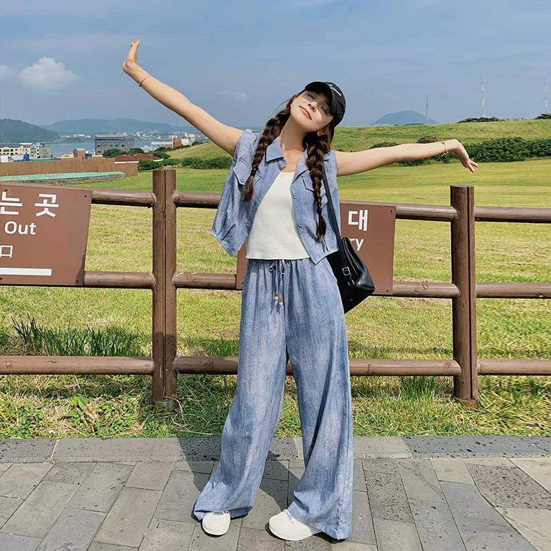 松弛感无袖上衣阔腿裤套装女夏季2025新款小个子炸街高级感两件套