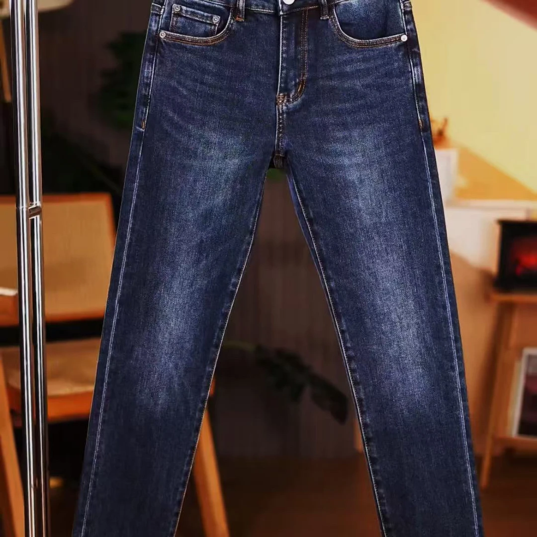 秋冬款深蓝色牛仔裤男修身小脚裤休闲百搭水洗简约精品中腰水洗
