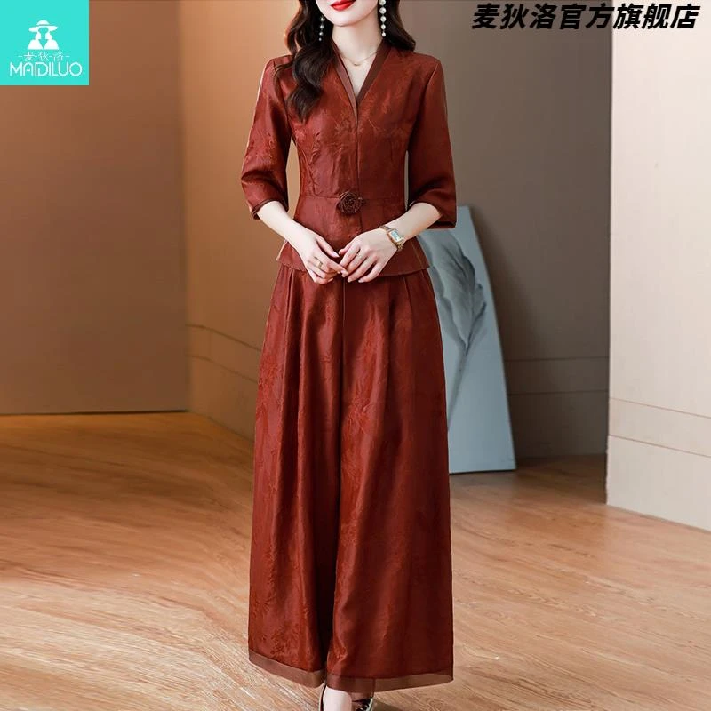 中式套装女中国风连衣裙夏季香云纱上衣桑蚕丝阔腿裤两件套妈妈款