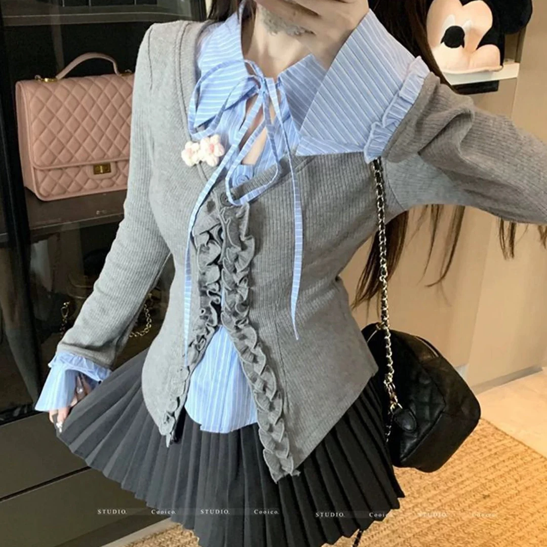 【莹莹推荐】岛屿暮色春学院风复古衬衫拼接长袖开衫+半身短裙套装