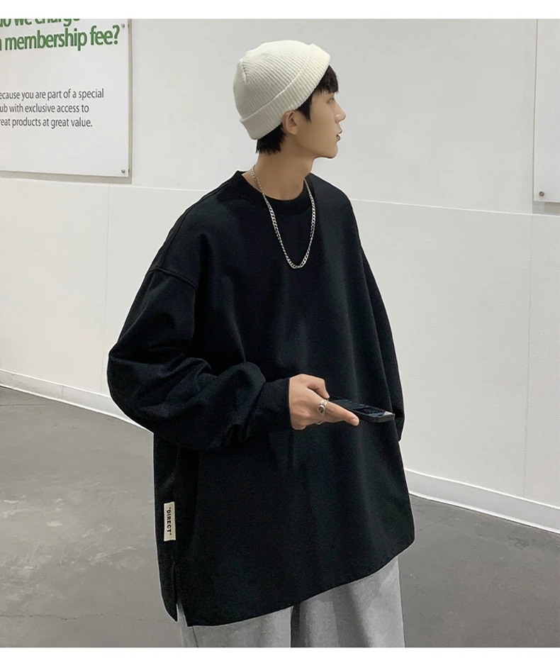 长袖秋冬宽松型四季通用日常T恤纯色大码ins春秋季