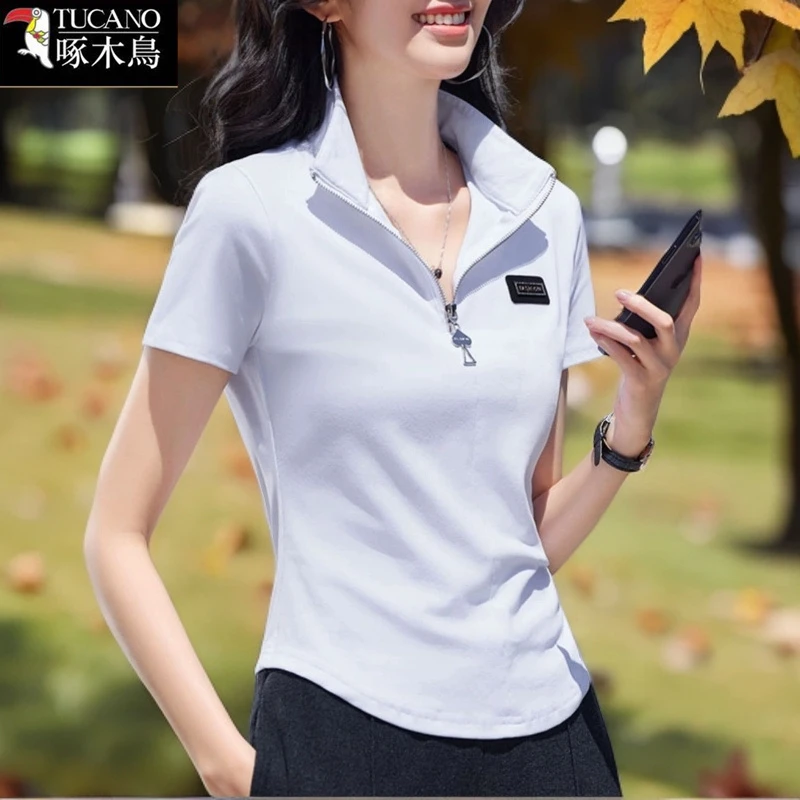 啄木鸟正品半拉链拼接短款短袖T恤2025年夏季新款翻领女显瘦上衣