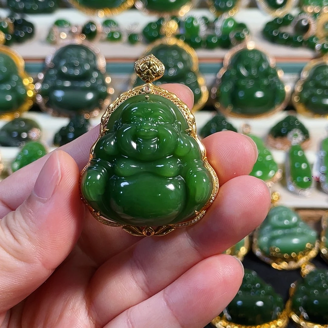 和田玉（碧玉）18K金镶嵌颈饰阳绿佛公35mm