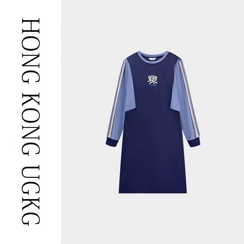 香港UG&KG 休闲连衣裙女春秋季撞色圆领慵懒风宽松长裙73252LL002