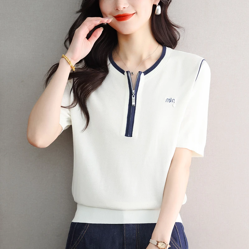 别致撞色短袖t恤高级感漂亮冰丝上衣时尚别致小衫女薄款独特夏装