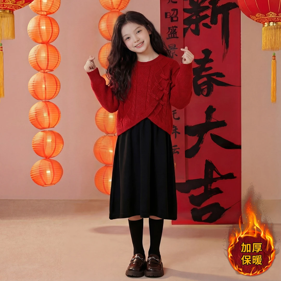 女童新中式套装秋冬款2026新款女孩大童红色毛衣裙子两件套拜年服