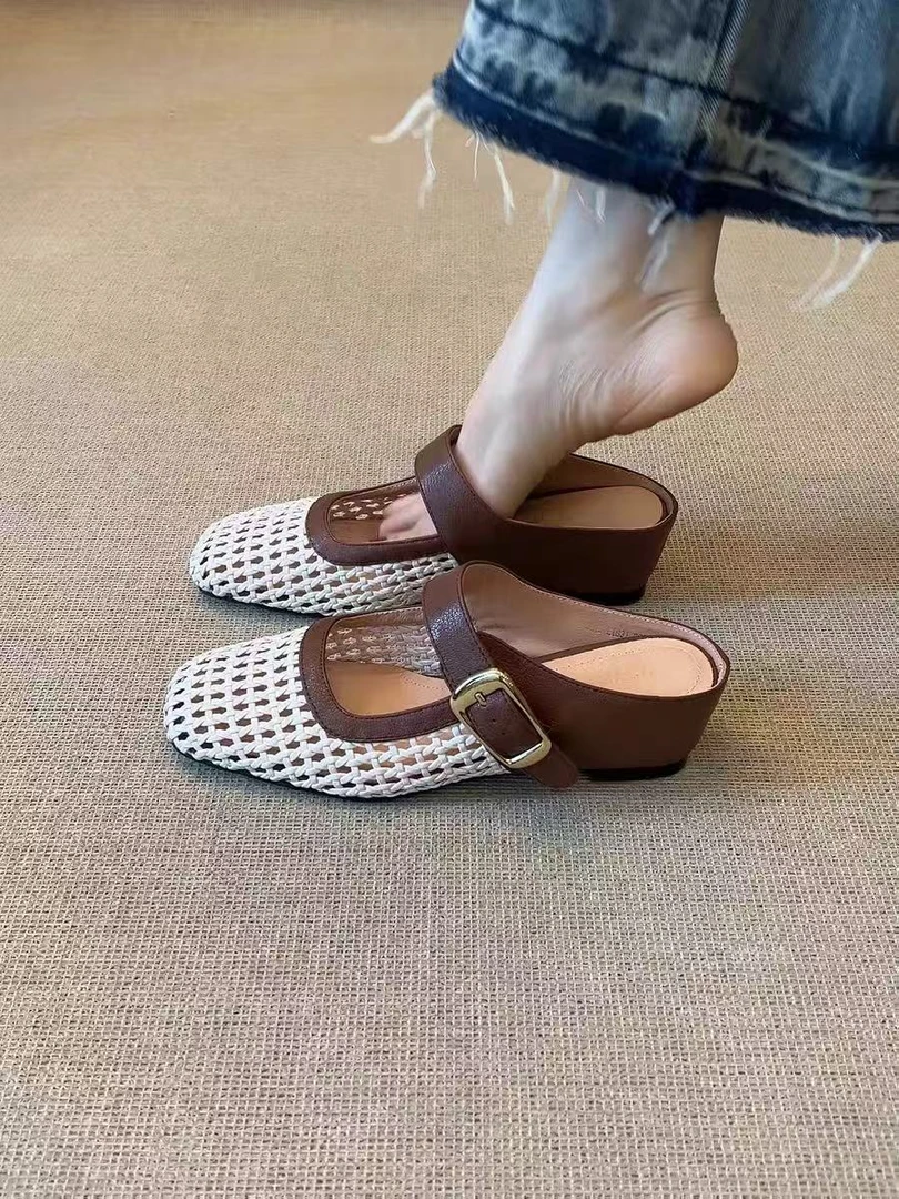羊皮版~内增高一字带半拖鞋女2025新款方头编织镂空透气包头凉鞋