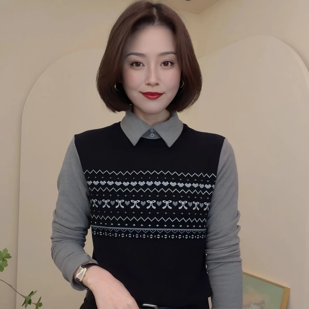 2024秋冬双面绒保暖翻领假两件设计打底绒衫百搭显瘦时尚上衣女