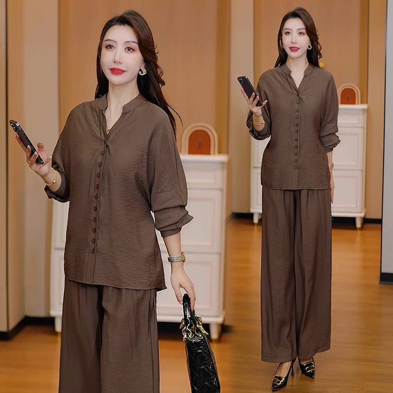 时尚休闲套装女2025秋季新款洋气显瘦V领长袖衬衫阔腿裤两件套潮