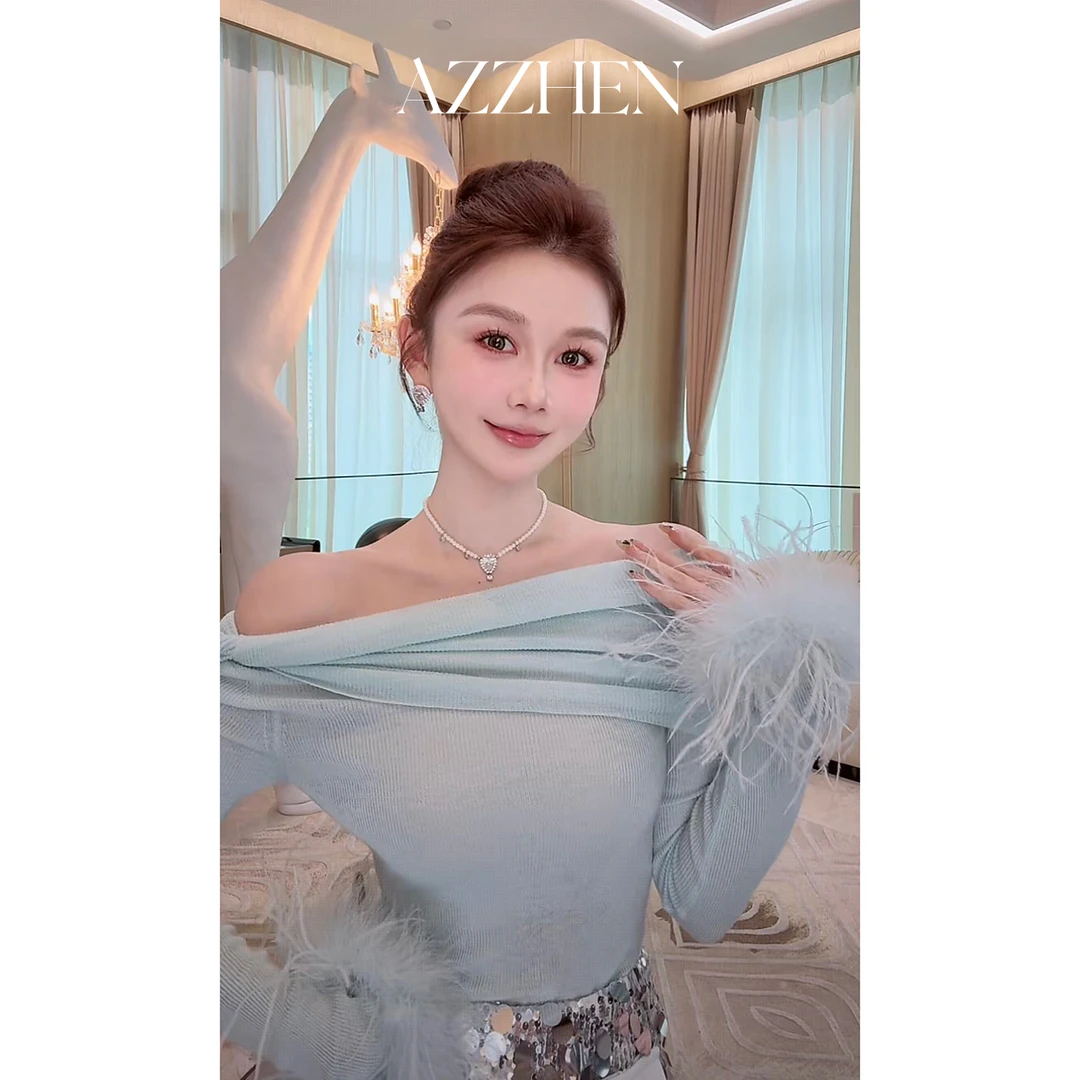 AZZHEN【浪漫定律】一字肩鸵鸟毛上衣AZS6289-00