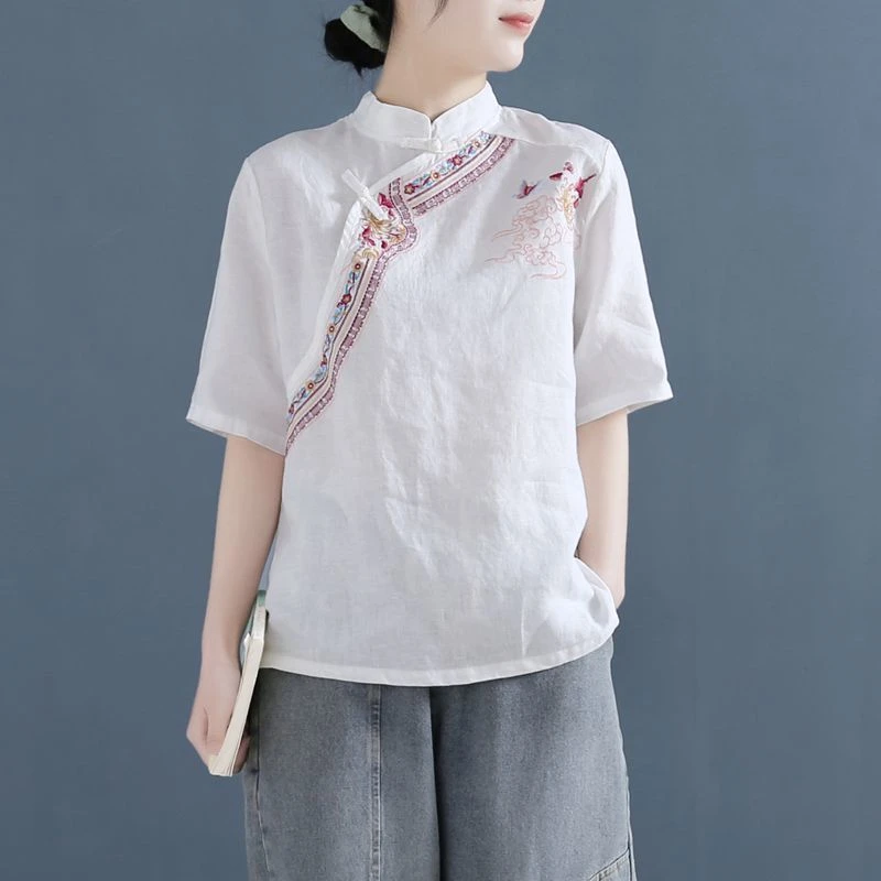 中国民族风上衣中式女装复古风刺绣 衬衣套头立领盘扣茶服上衣