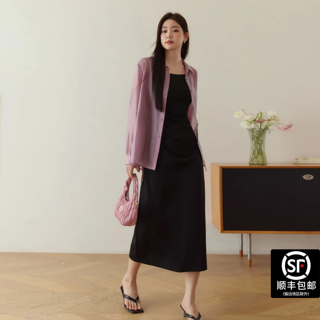蓝语大码女装胖mm设计感防晒衬衫吊带连衣裙2024夏季遮肉时髦套装