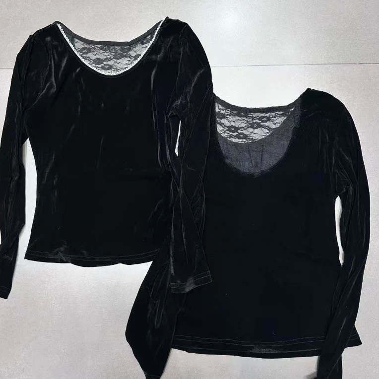 银弟，高品质洋气蕾丝拼接丝绒上衣