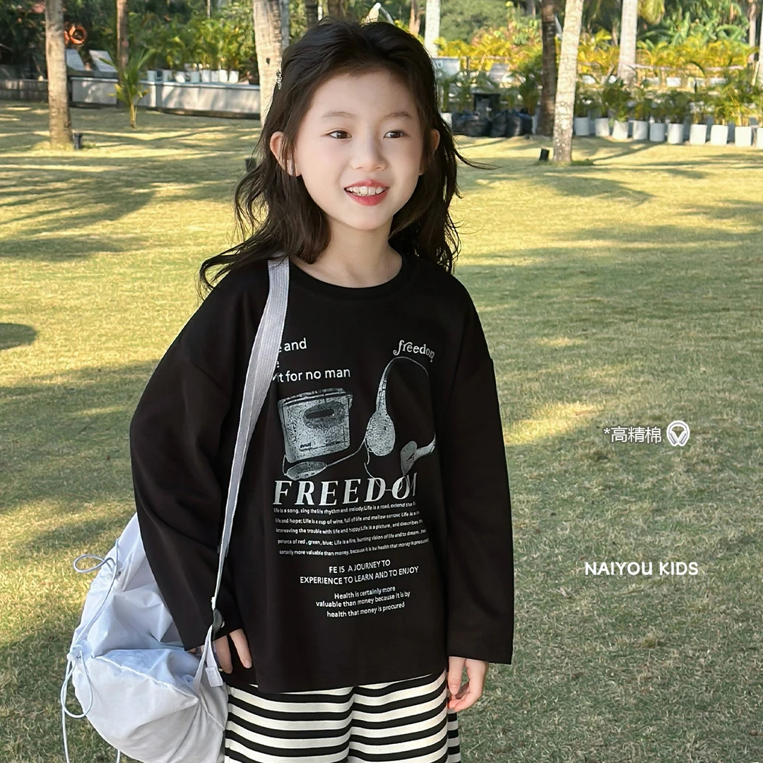 【黑胶】女童印花T恤2025春季新款百搭长袖打底上衣Y6286