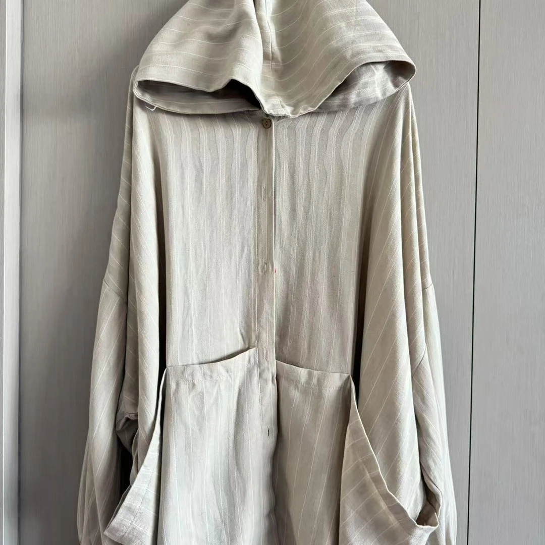 【沐木流浪记】灰色白线条连帽四兜女装风衣外套z