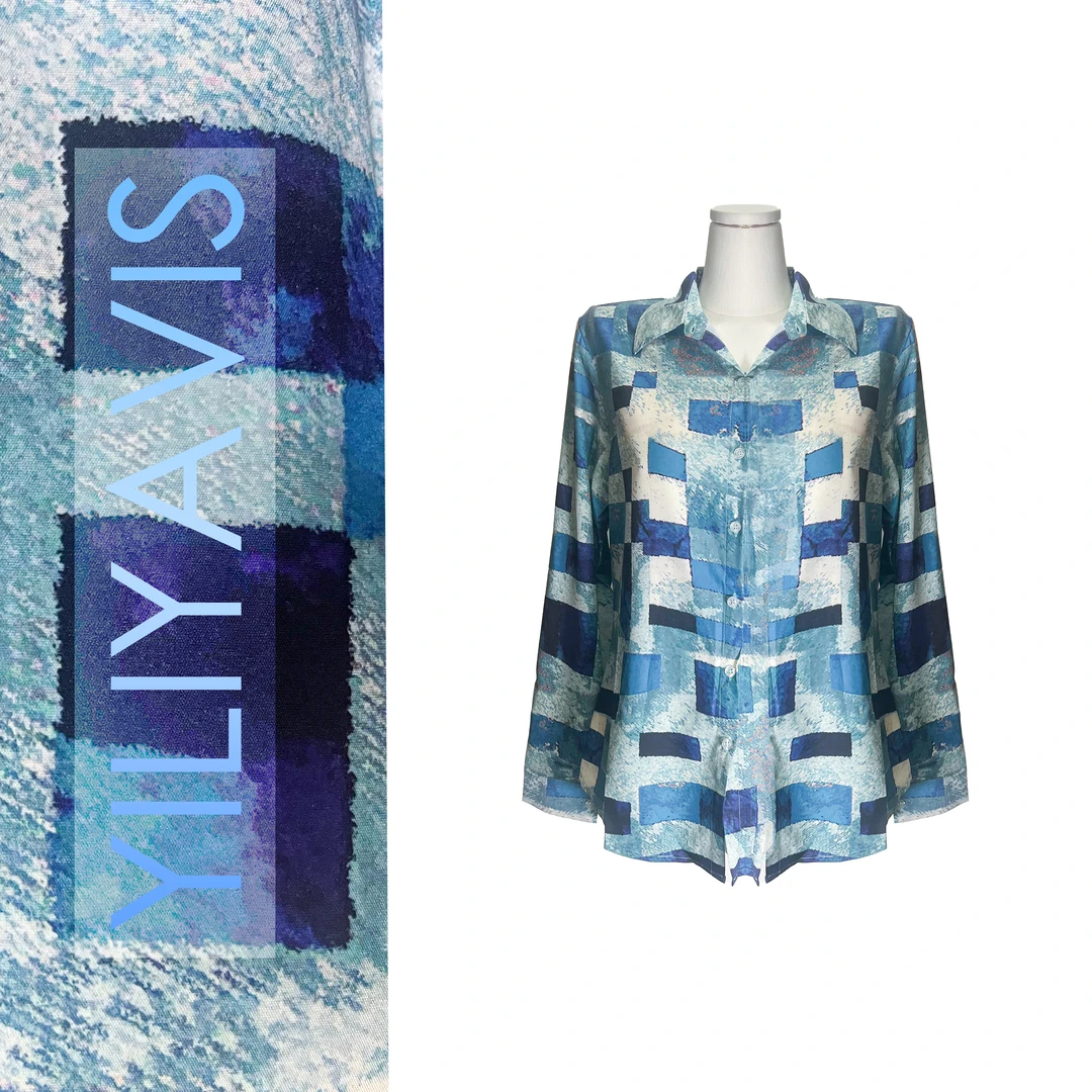 YILIYAVIS【蓝格子-衬衫】丝棉上衣夏季时尚透气户外休闲