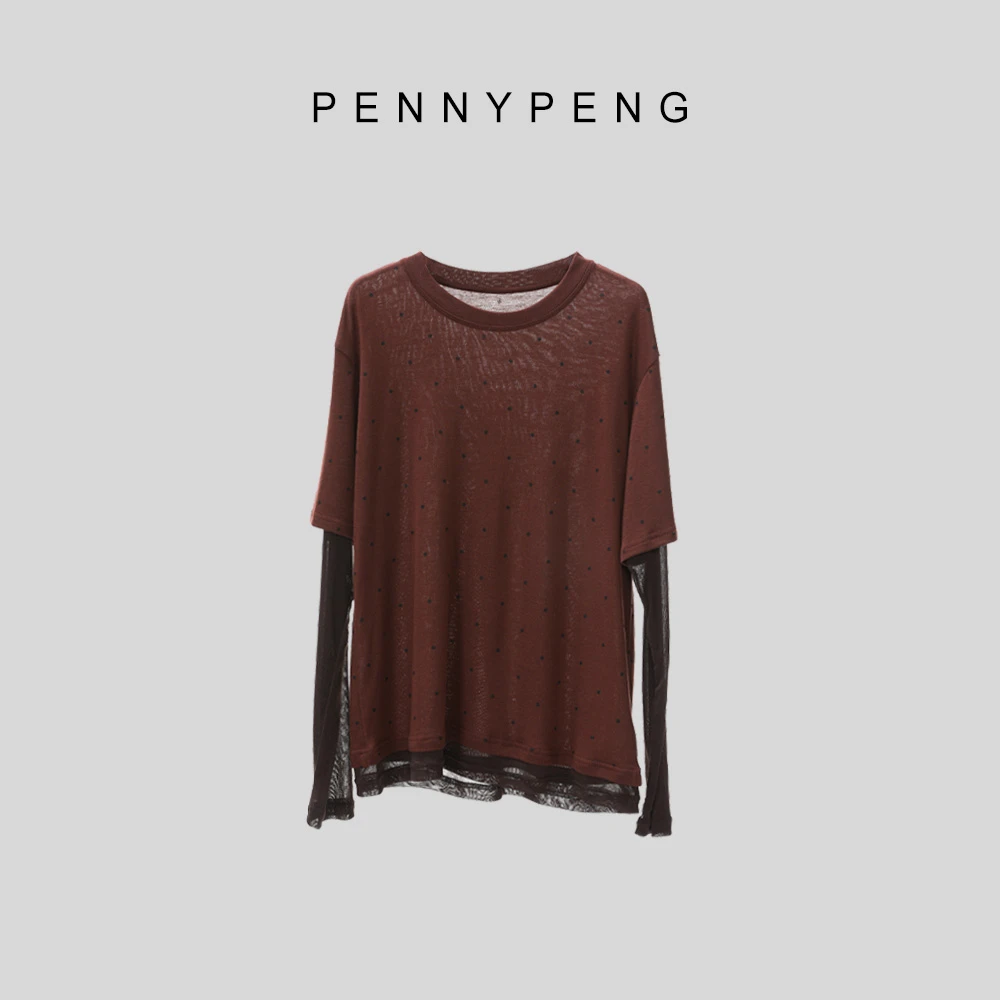 PENNYPENG樱桃红人时尚百搭轻奢气质早春洋气红色波点拼纱袖上衣