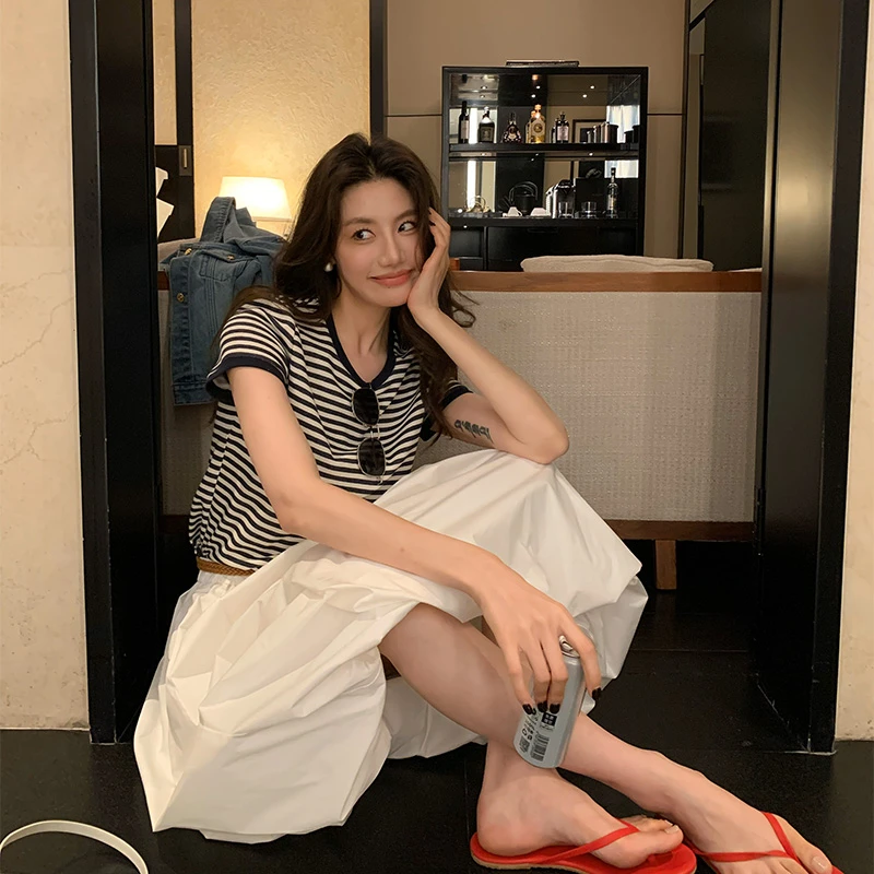 【ALONE SAVOR】牛仔条纹  夏日基础款小圆领条纹T恤J214