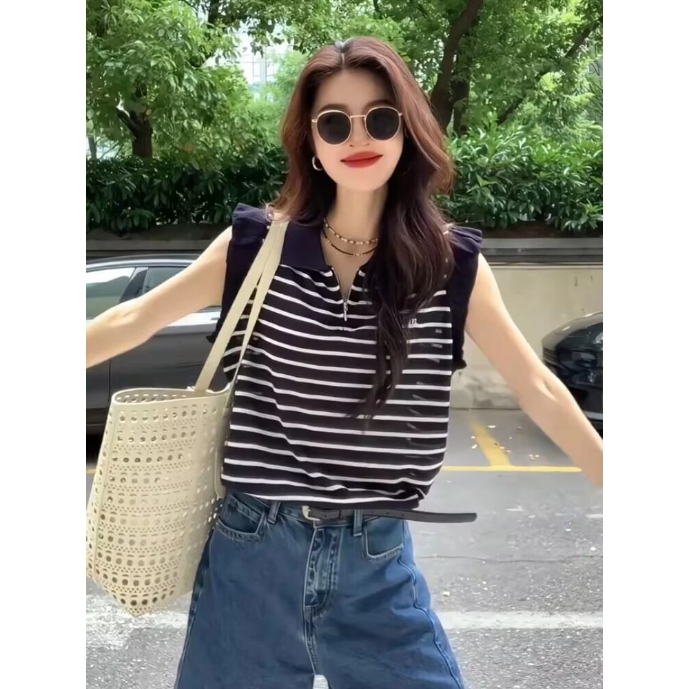 W能搭！韩系简约休闲撞色条纹飞飞袖T恤夏季时尚百搭宽松显瘦上衣