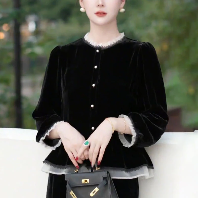 法式荷叶边衬衫女士2025秋季新款时尚气质百搭设计感黑色长袖上衣