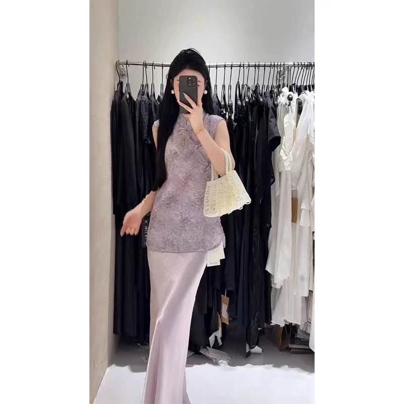 [一整套]2025夏季新款新中式国风重工花朵马甲衬衫女设计提花无袖