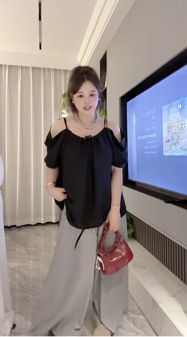 「小吴家」韩系露肩抽生上衣阔腿裤2025夏新款宽松显瘦百搭减龄