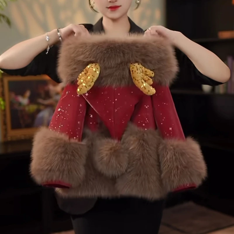 女童皮衣外套2024新款冬装女孩棉服儿童加绒派克服加厚毛毛过年服