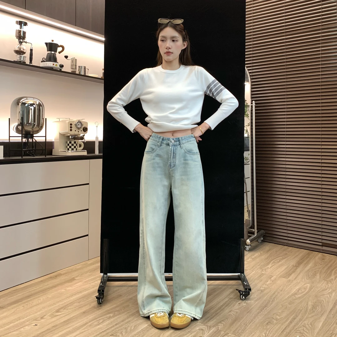 肚子9253春款浅色设计阔腿牛仔裤女宽松显瘦牛仔直筒裤拖地裤长