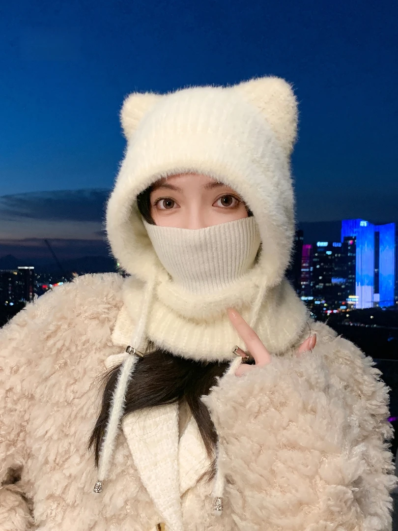 秋冬季新款口罩一体帽女猫耳朵针织帽防寒保暖学院风包头毛线帽潮