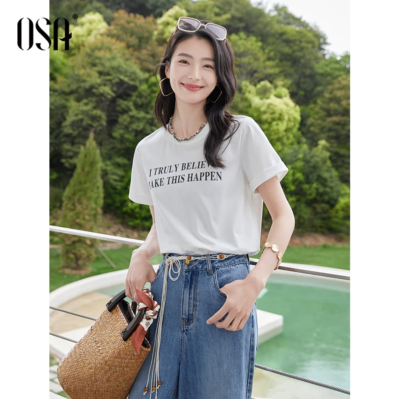 OSA/欧莎 字母印花基础款t恤女短袖休闲百搭上衣夏新款S125B11028