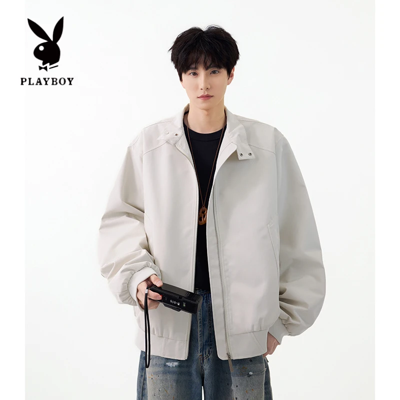 花花公子深灰色立领工装飞行夹克男生早秋新款插肩三防飞行员外套