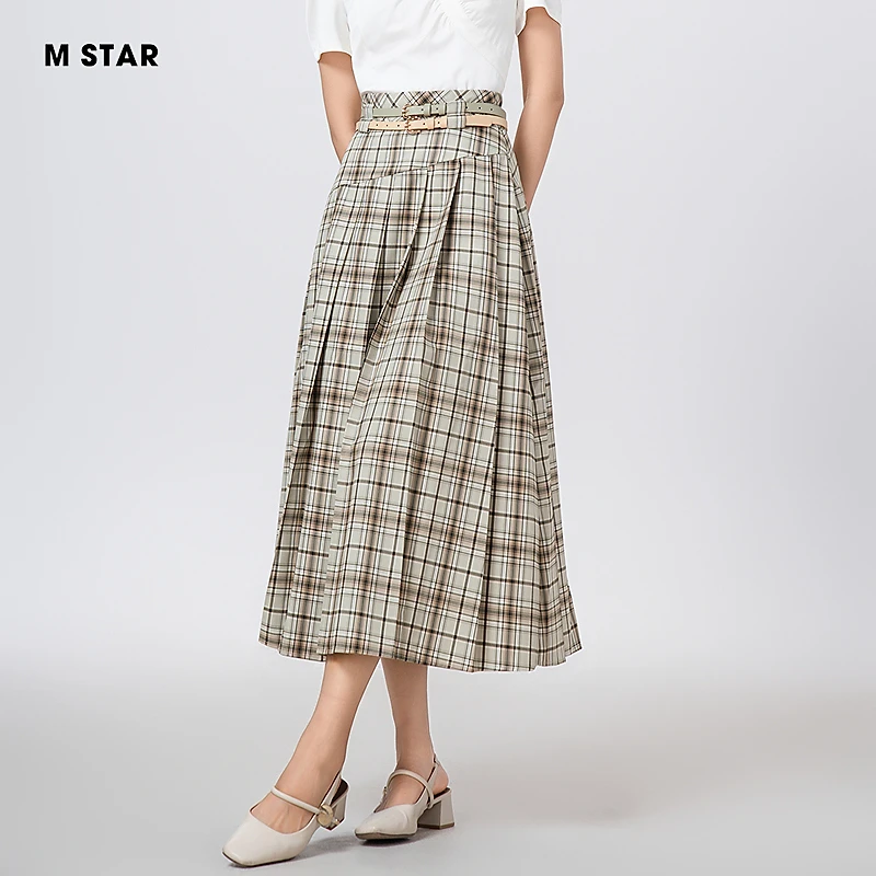 M-Star夏季时尚休闲新款复古气质百褶格子半截裙女高腰SFEQ121812