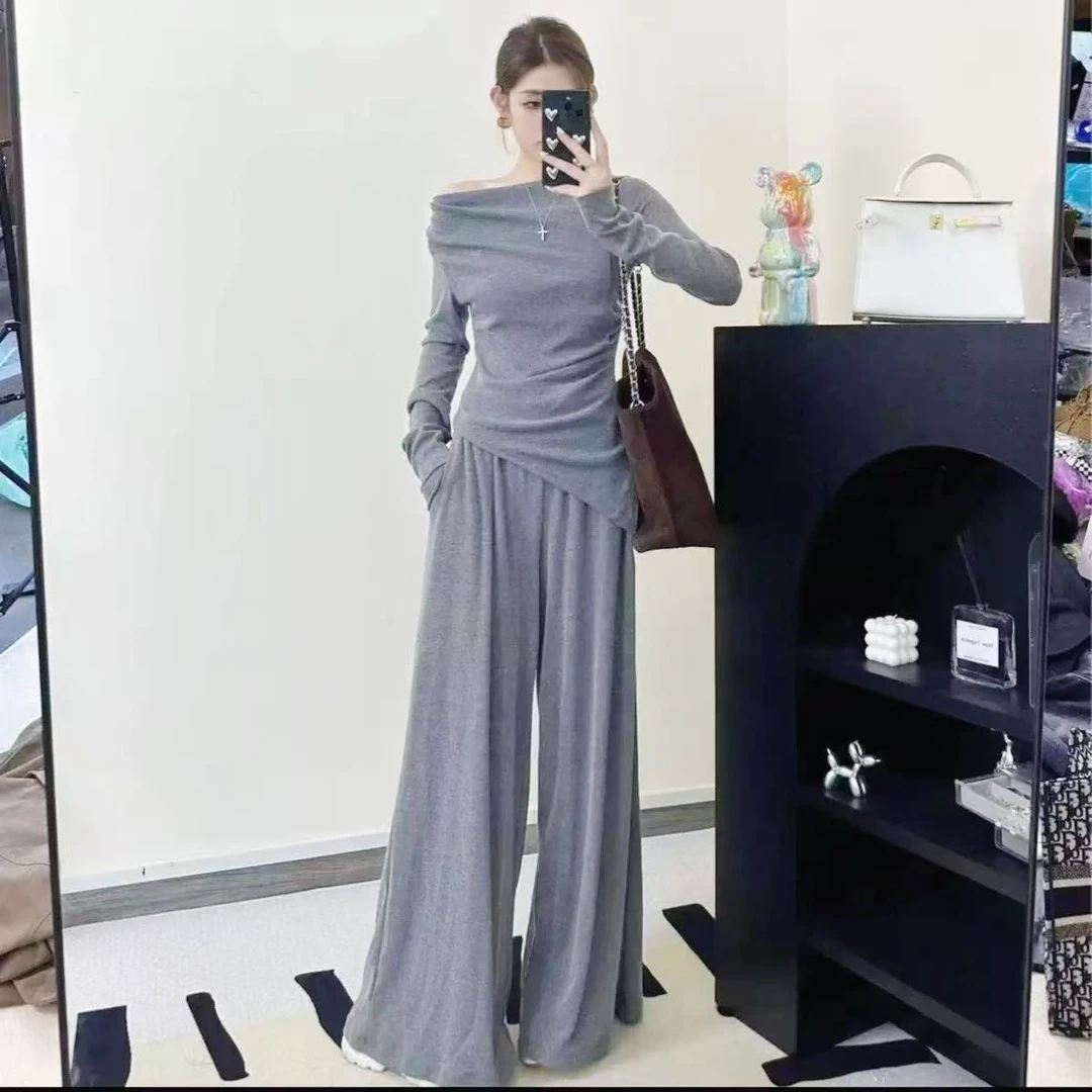 初秋新款两件套女时尚一字肩不规则上衣高腰阔腿裤套装高级感