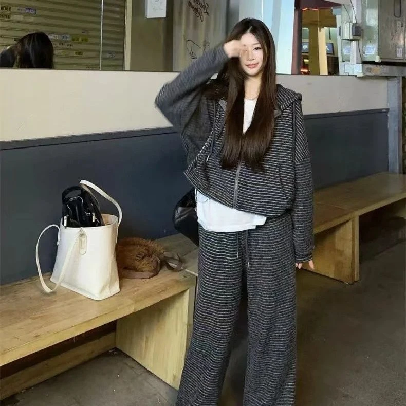 秒变在校生！减龄学院风条纹连帽卫衣阔腿裤女套装，宽松显瘦洋气潮