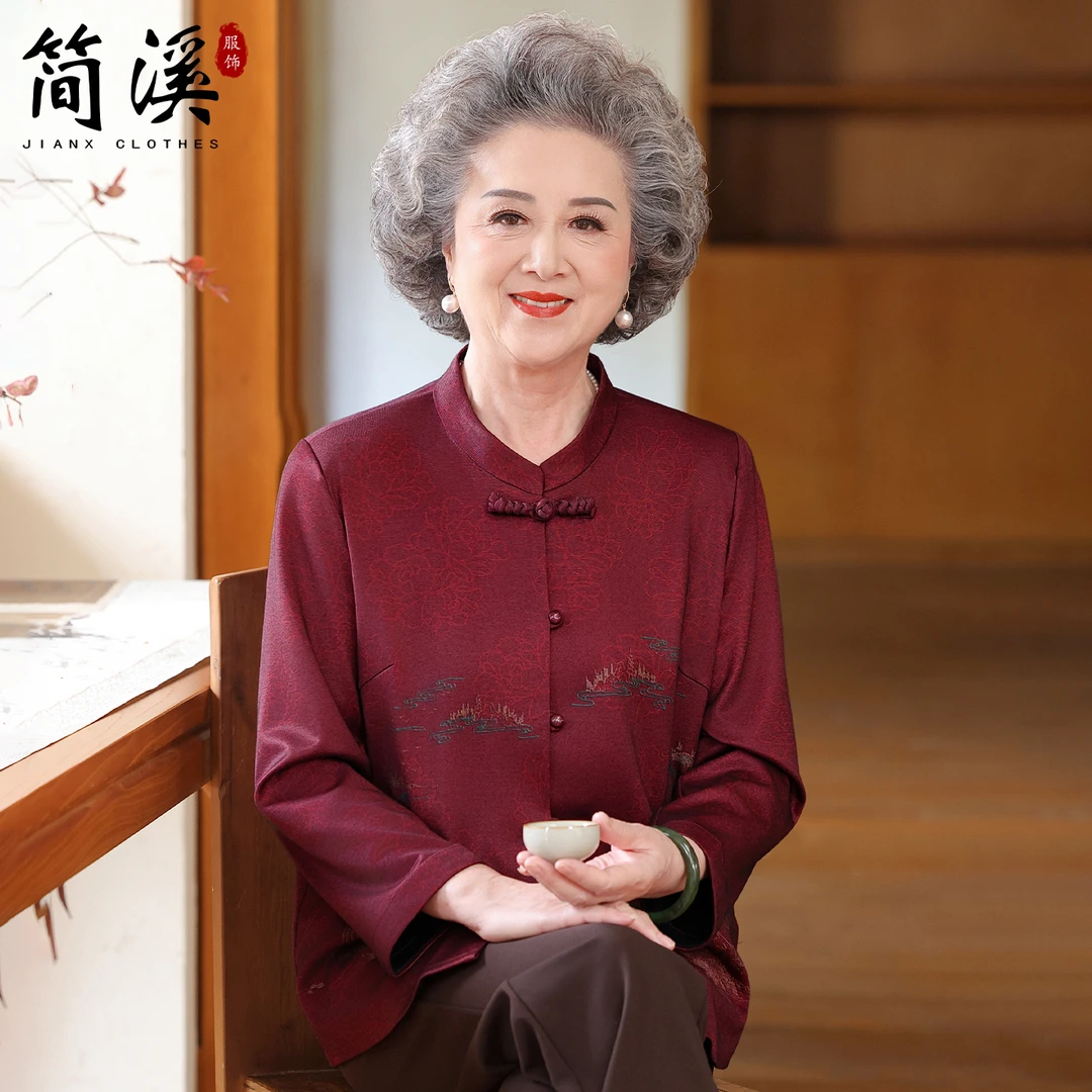 简溪中老年人秋装女奶奶衣服长袖中式印花衬衫妈妈薄外套婚礼喜庆