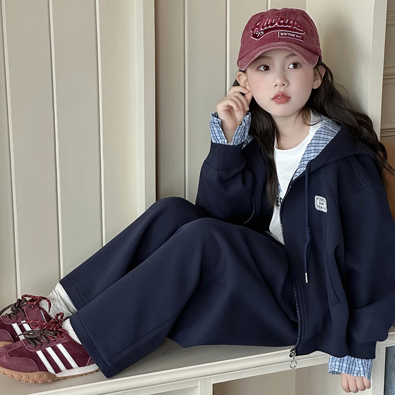 女童套装春秋2025秋季新款6-12岁潮酷中大儿童休闲运动连帽三件套