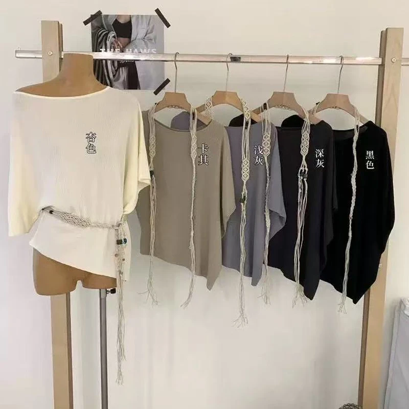 设计感气质蝙蝠袖针织T恤夏季透气冰丝针织纯色宽松显瘦收腰上衣