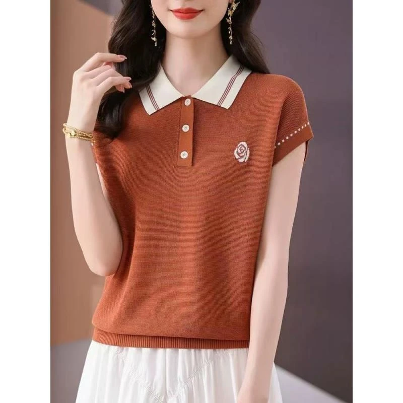 414【橙飞飞袖翻领短袖】高级气质针织女衫针织衫上衣