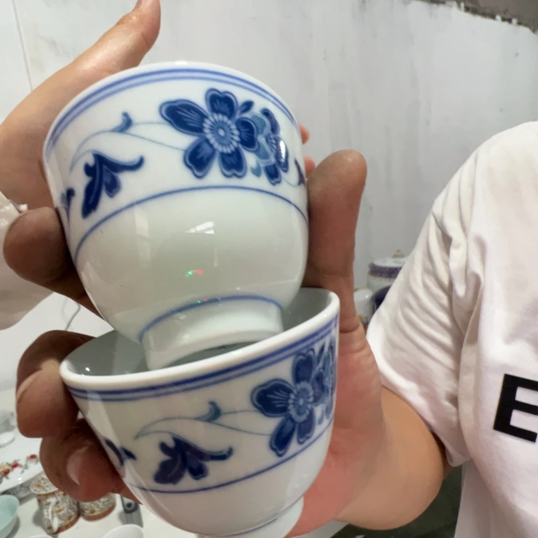 瓷片景德镇陶瓷青花桃花二杆杯2只