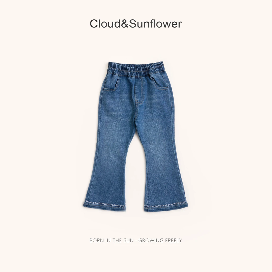 【云朵小葵】女童秋季新款裤脚花边休闲微喇牛仔裤66616