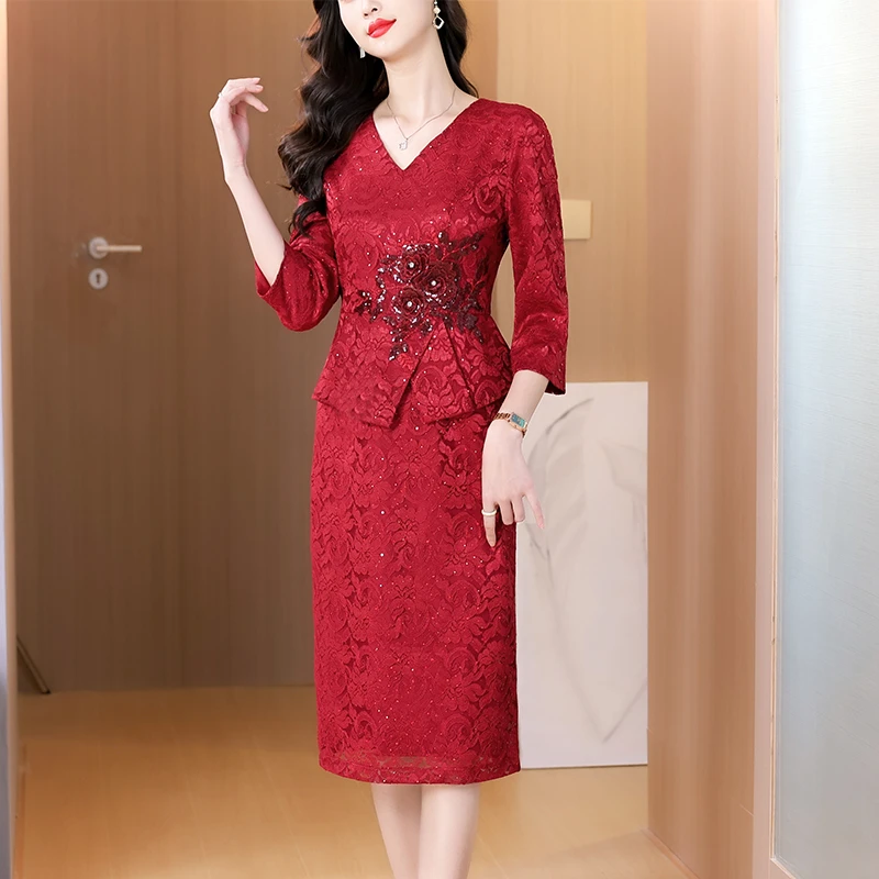 高端喜婆婆婚宴装2025新款秋季中长袖喜服妈妈婚宴十月份结婚礼服